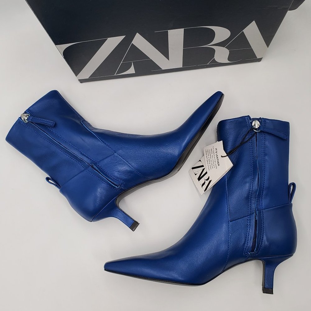Zara Electric Blue Leather Kitten Heel Booties - NWT - Picture 5 of 16